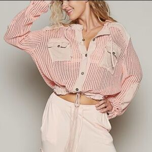 NIP POL Woven Texture Button Down Hooded Shirt